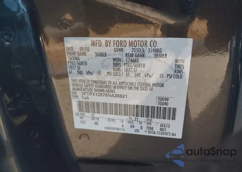 2006 Ford F-150 Lariat/Xl/Xlt из США, поврежденный, VIN 1FTPX12576NA28821